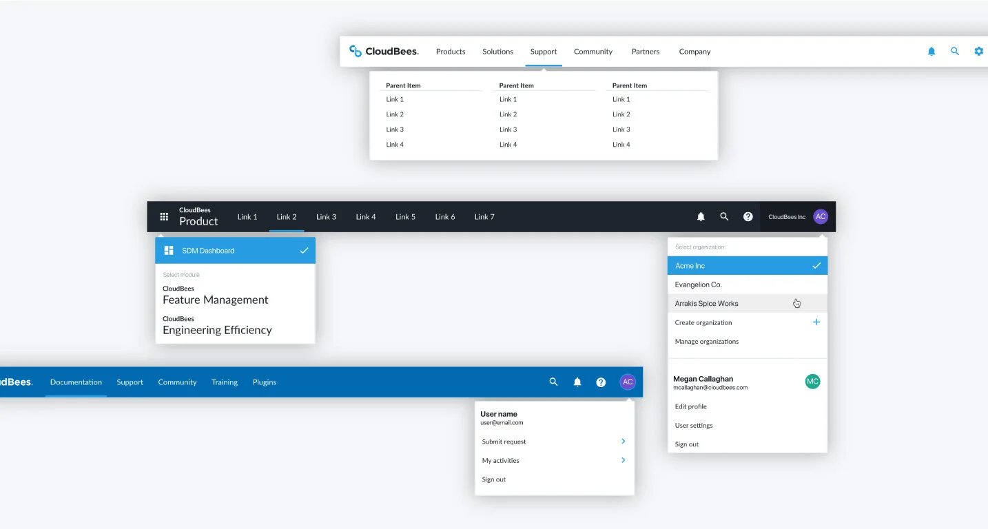 CloudBees navigation variants including mega menu and product switcher