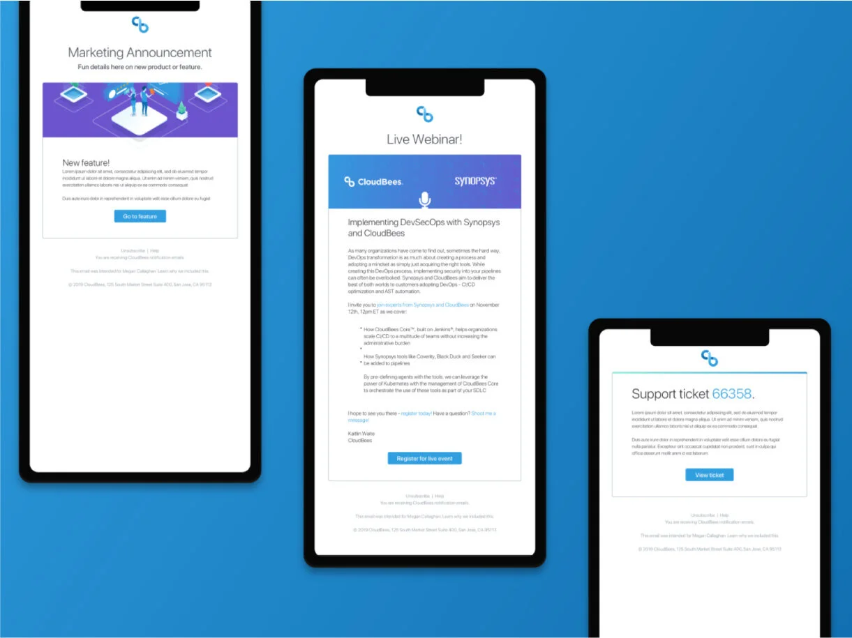CloudBees email templates showing marketing and support designs