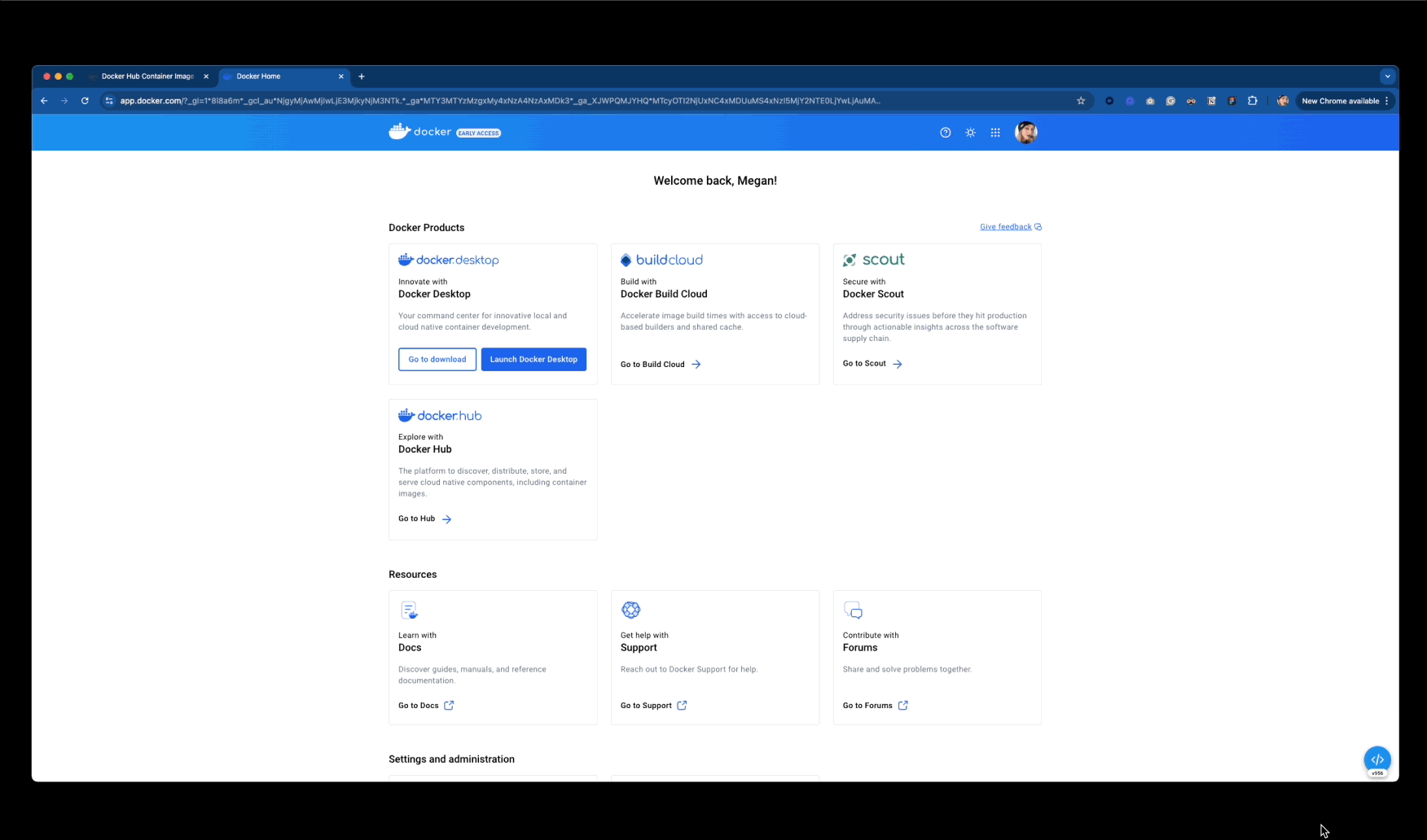 Docker Hub to Docker Home navigation animation