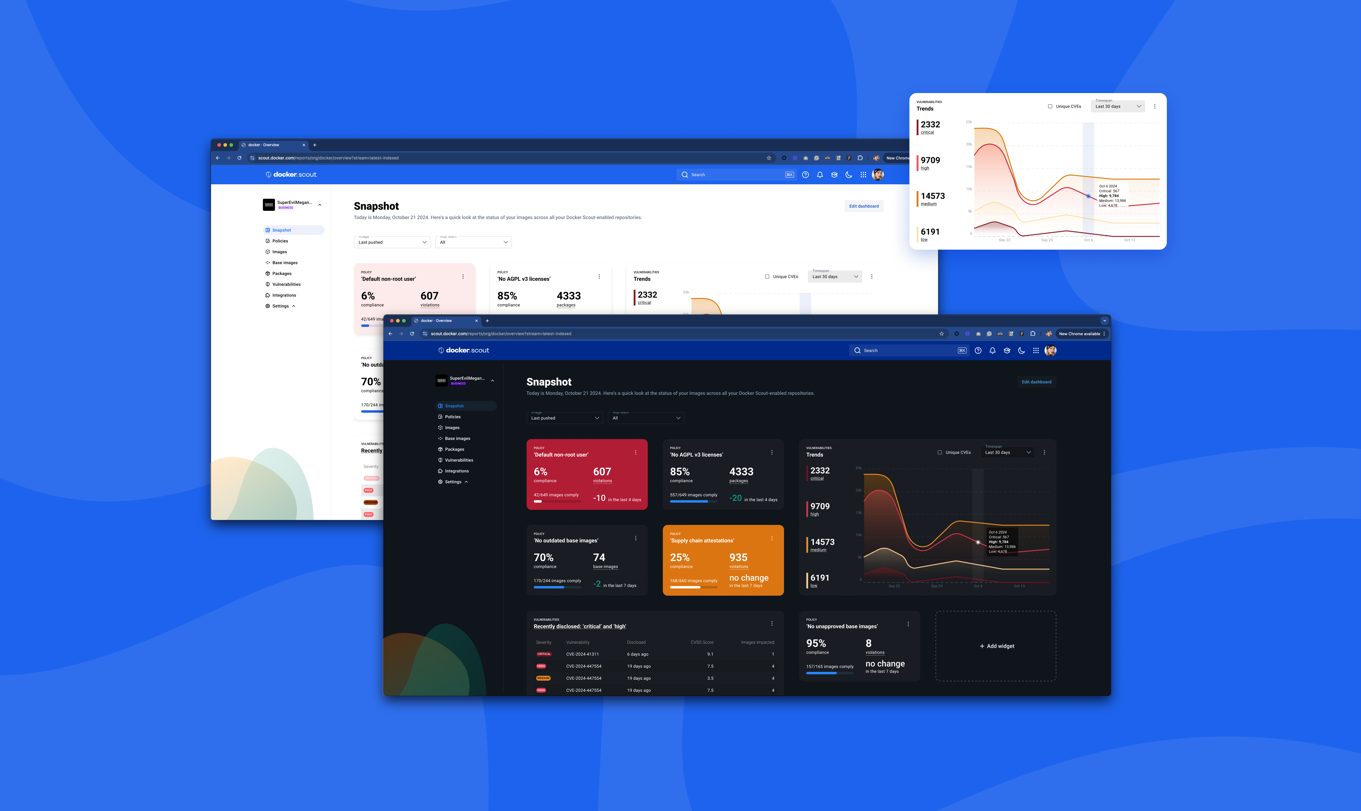 Docker Scout Snapshot interface in light and dark themes