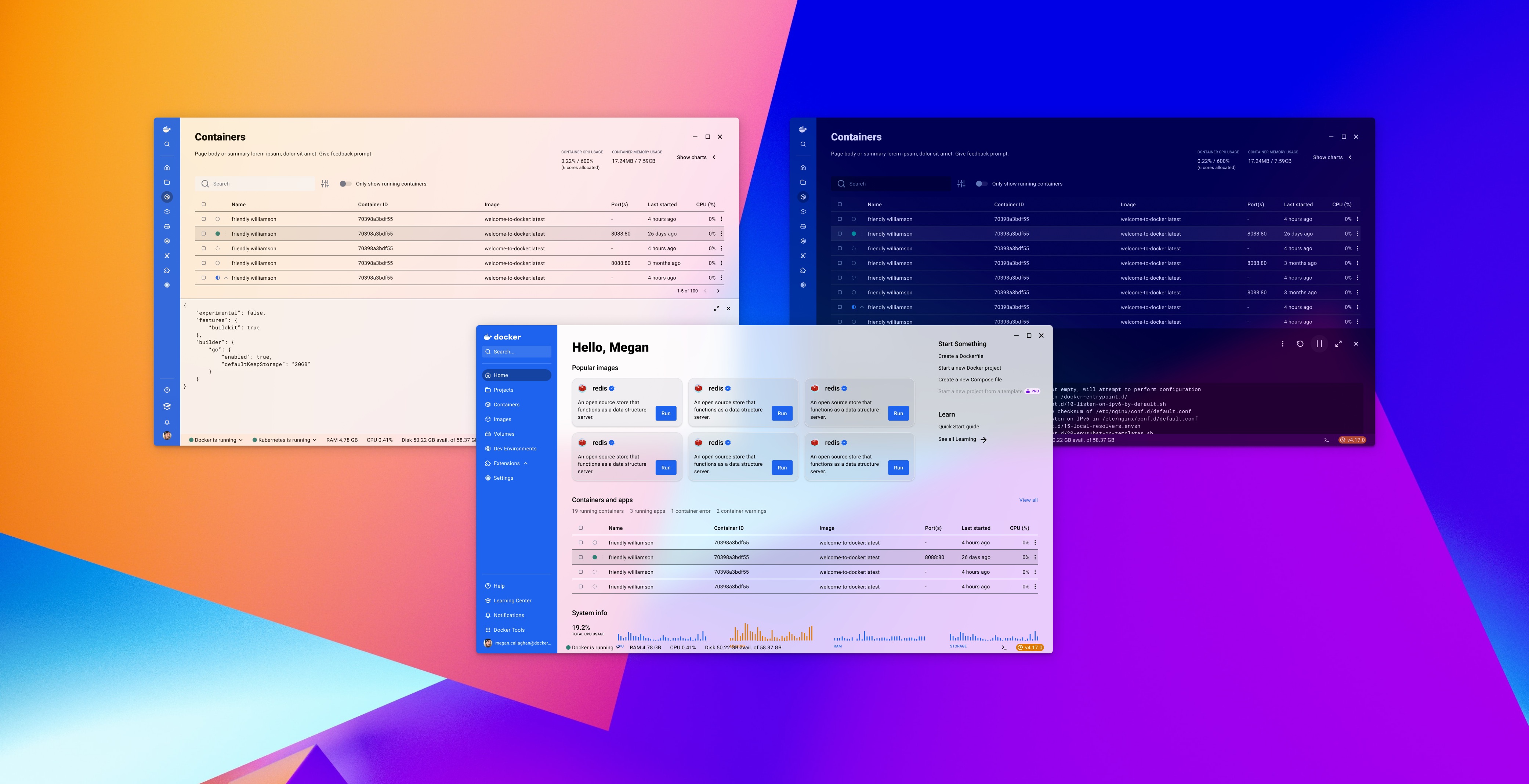 Multi-window composition showing light and dark theme variations