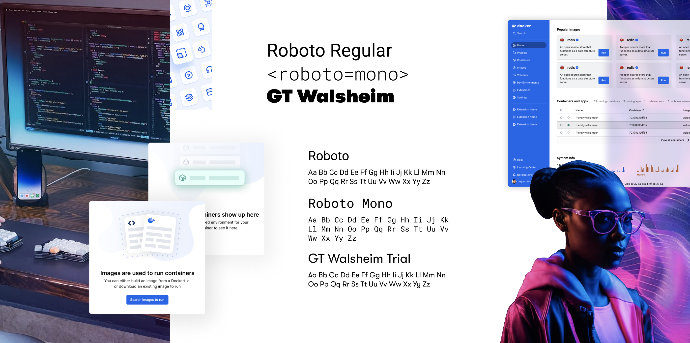 Typography and visual design specimens showcasing Roboto Regular, Roboto Mono, and GT Walsheim