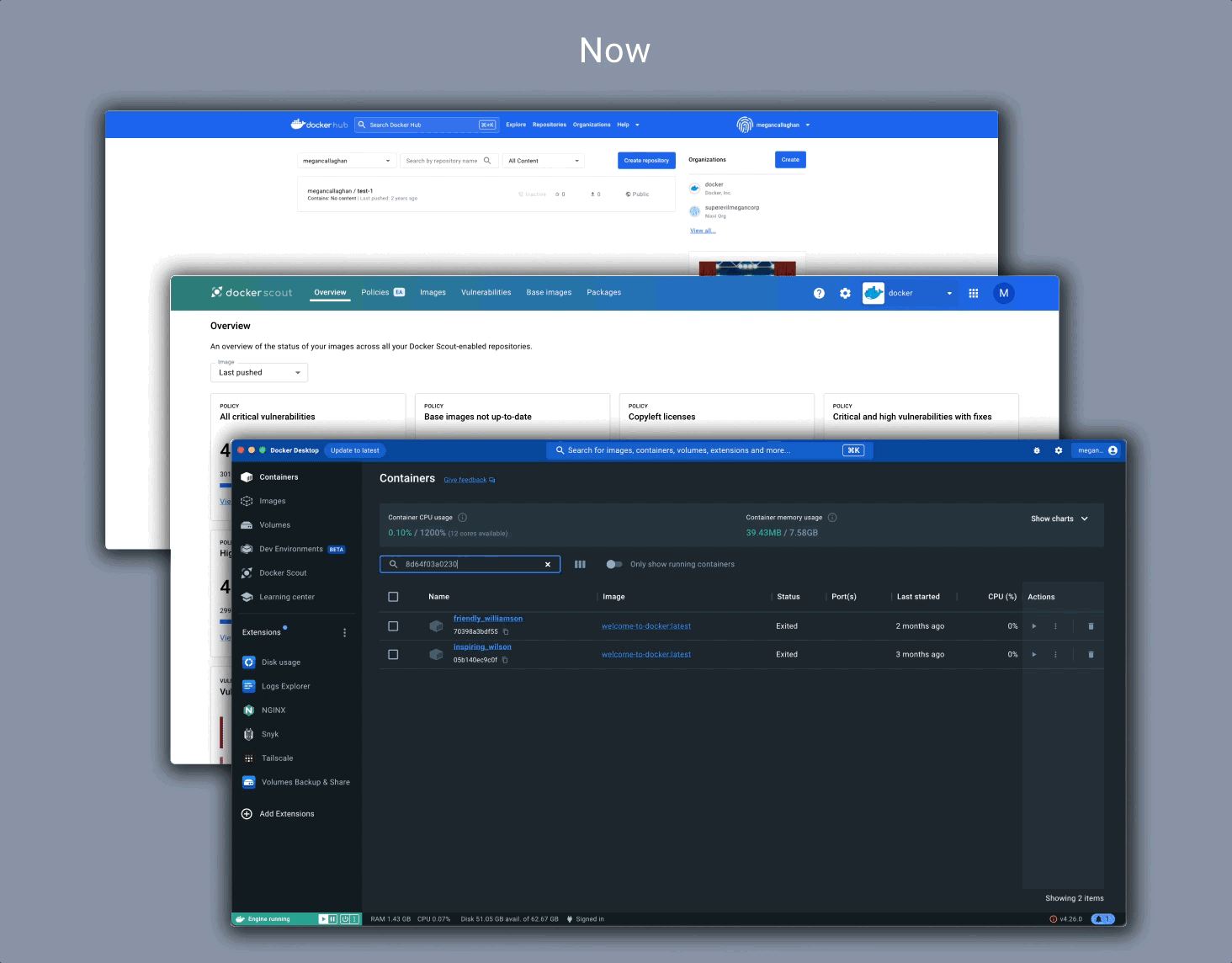 Docker product interface layers showing Hub, Scout, and Desktop