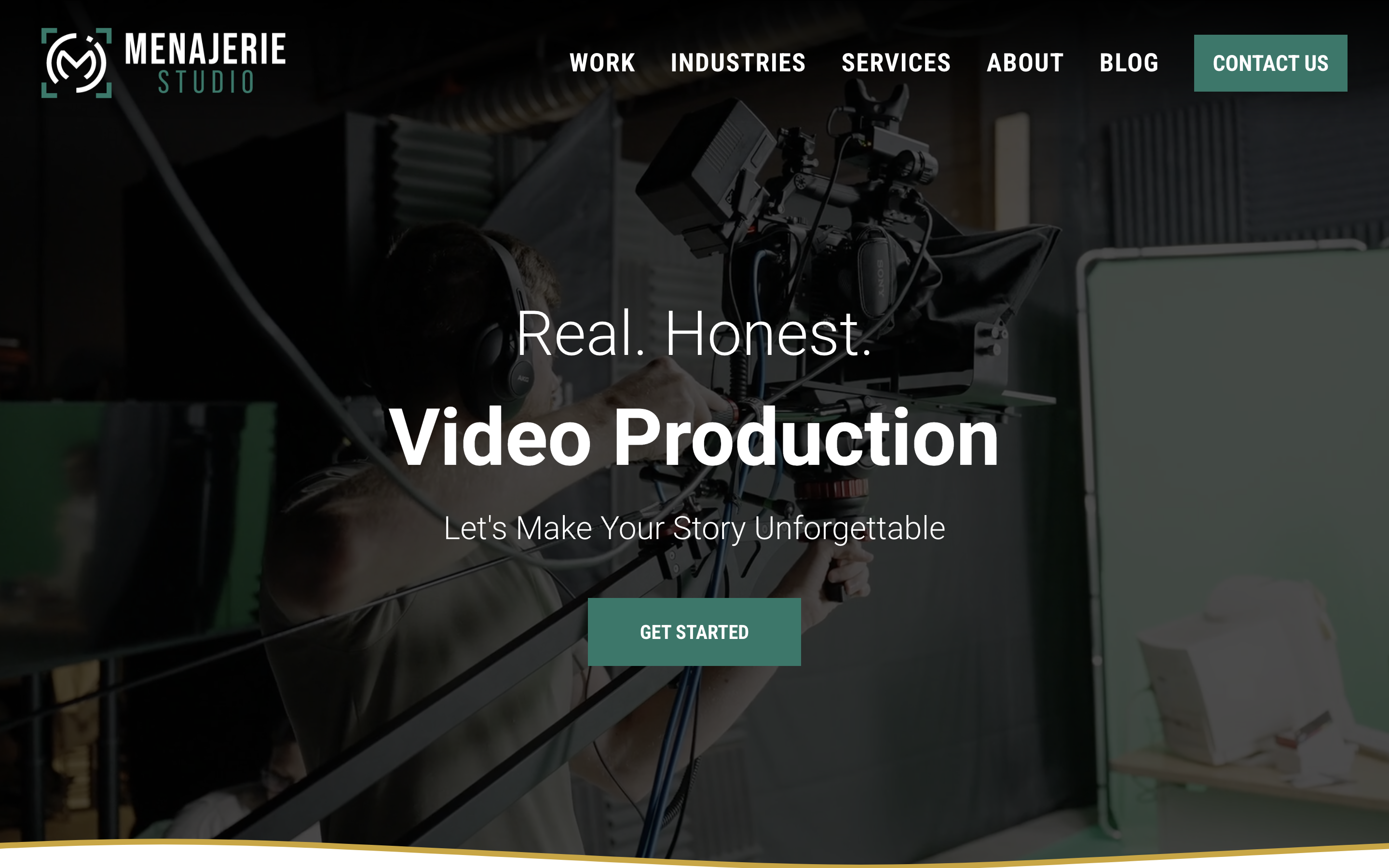 Menajerie Studio website hero with Real Honest Video Production messaging
